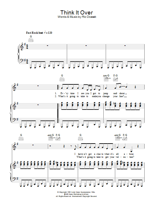 The Cars Think It Over sheet music notes and chords. Download Printable PDF.