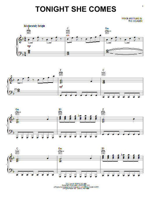 The Cars Tonight She Comes sheet music notes and chords. Download Printable PDF.