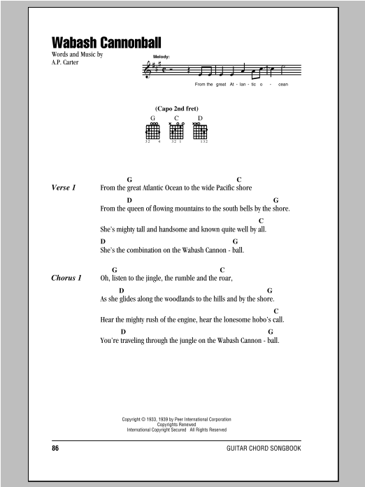 The Carter Family Wabash Cannonball sheet music notes and chords. Download Printable PDF.