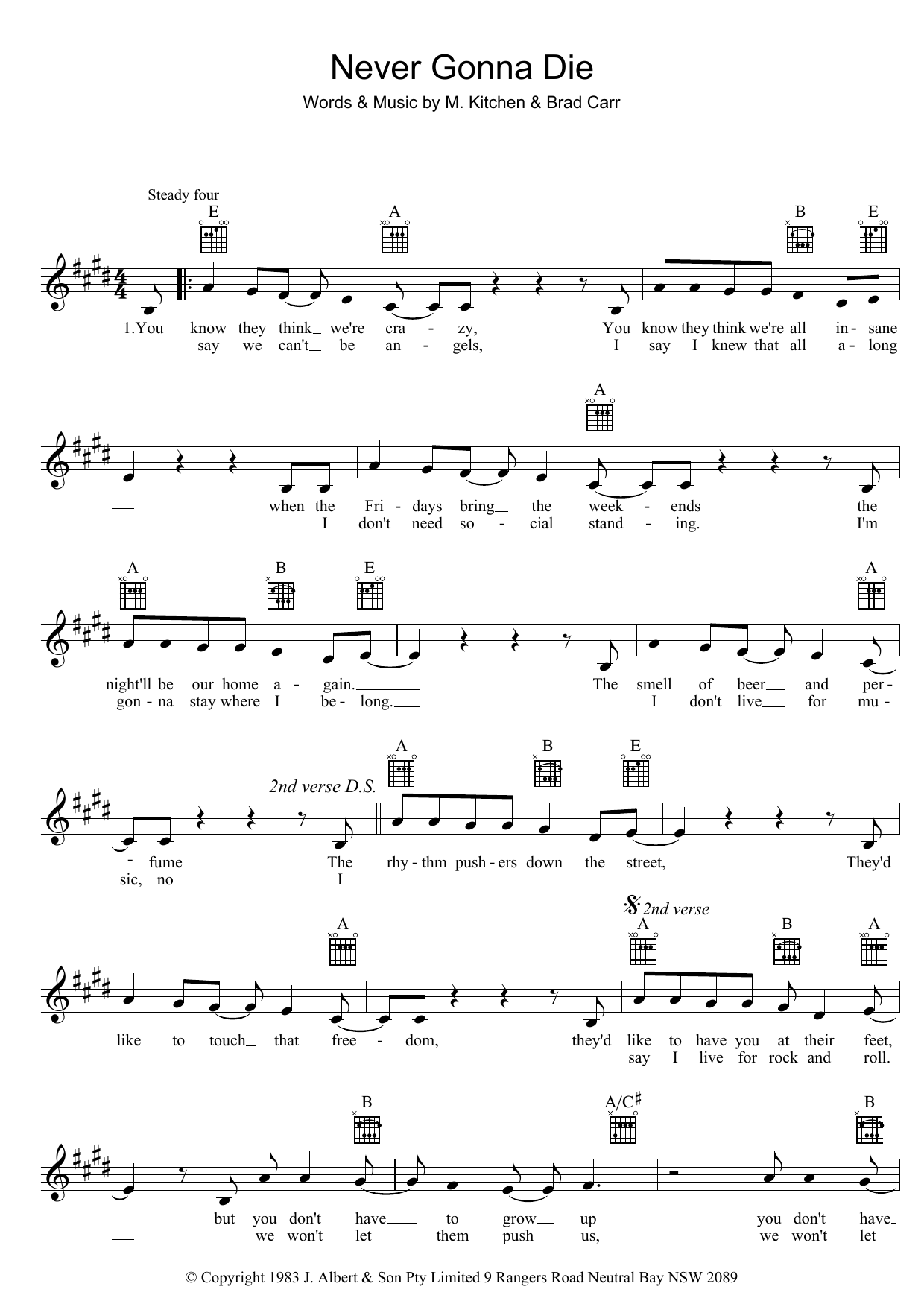 The Choirboys Never Gonna Die sheet music notes and chords. Download Printable PDF.