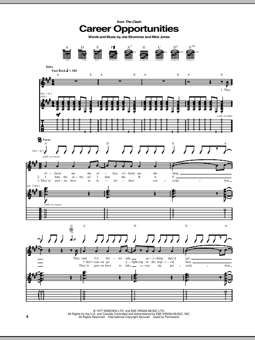 The Clash Career Opportunities sheet music notes and chords. Download Printable PDF.