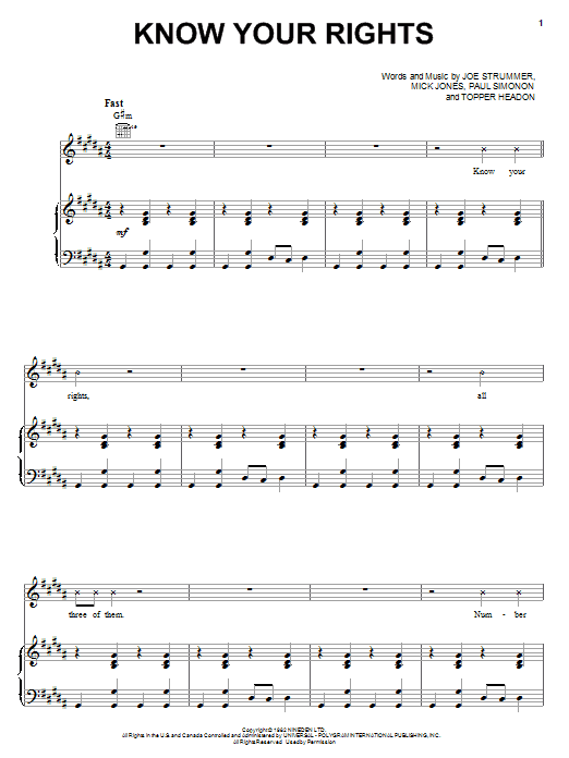 The Clash Know Your Rights sheet music notes and chords. Download Printable PDF.