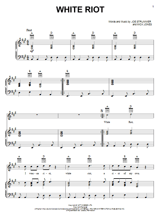 The Clash White Riot sheet music notes and chords. Download Printable PDF.