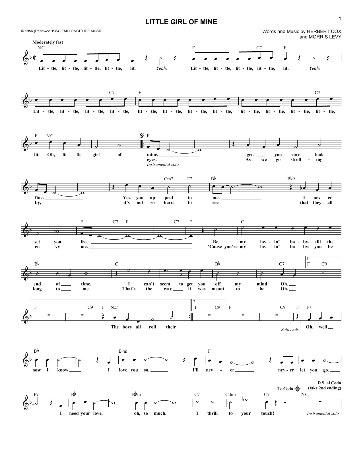 Learn to play The Cleftones Little Girl Of Mine sheet music for Lead Sheet / Fake Book in minutes. Price: 5.9900$ The Cleftones Little Girl Of Mine sheet music notes and chords arranged for Lead Sheet / Fake Book