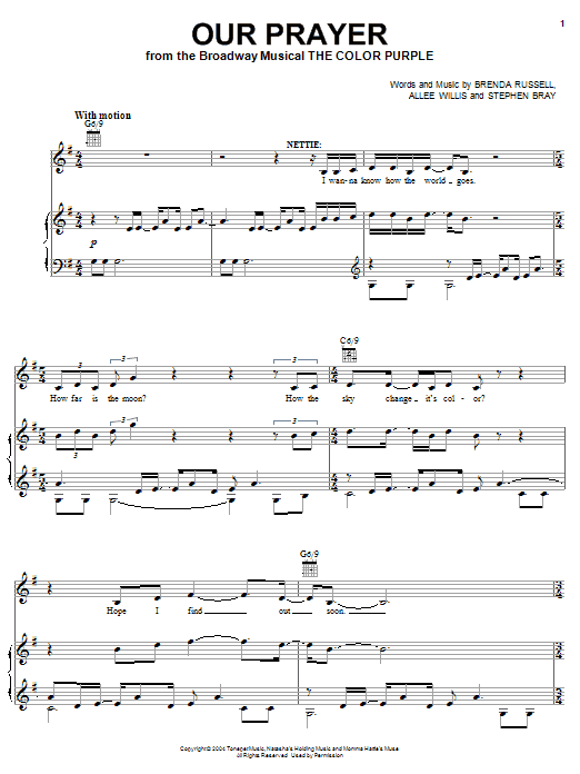 The Color Purple (Musical) Our Prayer sheet music notes and chords arranged for Easy Piano