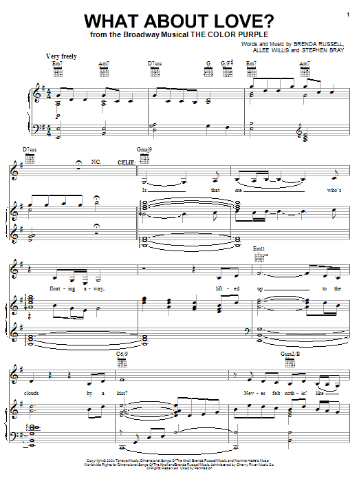 Learn to play The Color Purple (Musical) What About Love? sheet music for Easy Piano in minutes. Price: 6.9900$ The Color Purple (Musical) What About Love? sheet music notes and chords arranged for Easy Piano