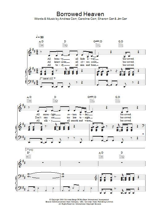 The Corrs Borrowed Heaven sheet music notes and chords. Download Printable PDF.