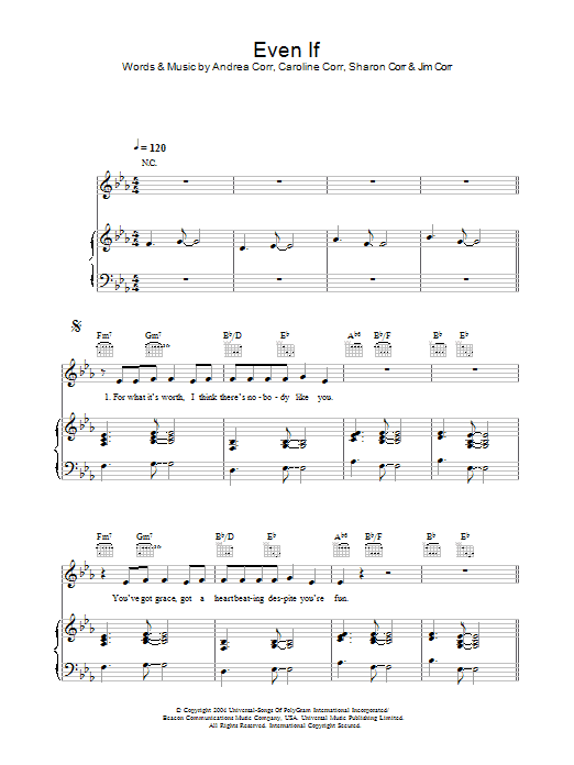 The Corrs Even If sheet music notes and chords. Download Printable PDF.