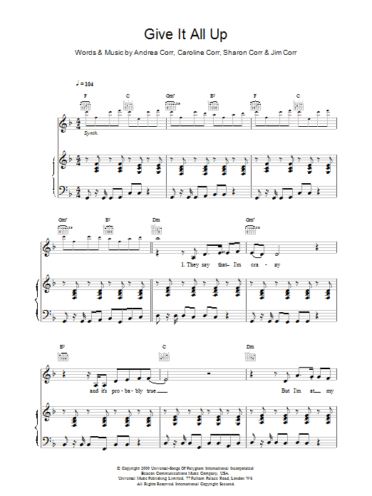 The Corrs Give It All Up sheet music notes and chords. Download Printable PDF.