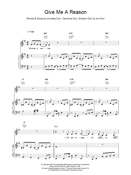 The Corrs Give Me A Reason sheet music notes and chords. Download Printable PDF.