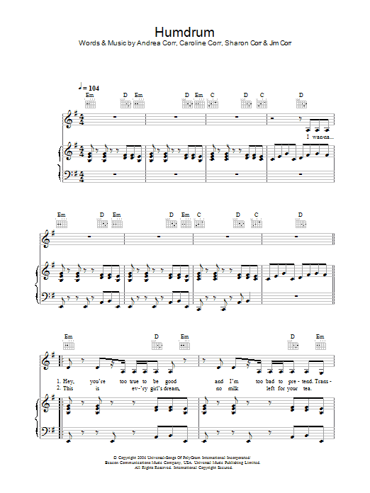 Learn to play The Corrs Humdrum sheet music for Piano, Vocal & Guitar in minutes. The Corrs Humdrum sheet music notes and chords. Download Printable PDF.