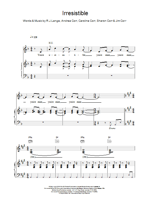 Learn to play The Corrs Irresistible sheet music for Piano, Vocal & Guitar in minutes. Price: 6.9900$ The Corrs Irresistible sheet music notes and chords. Download Printable PDF.