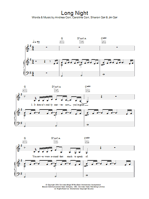 The Corrs Long Night sheet music notes and chords. Download Printable PDF.