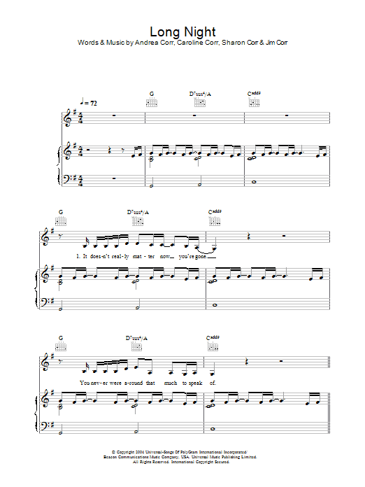 Learn to play The Corrs Long Night sheet music for Piano, Vocal & Guitar in minutes. Price: 7.8900$ The Corrs Long Night sheet music notes and chords. Download Printable PDF.