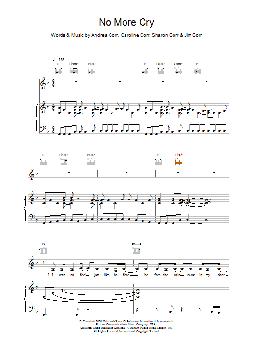 The Corrs No More Cry sheet music notes and chords. Download Printable PDF.