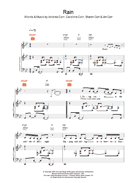 The Corrs Rain sheet music for Piano, Vocal & Guitar in minutes. Price: 7.8900$ The Corrs Rain sheet music notes and chords. Download Printable PDF.