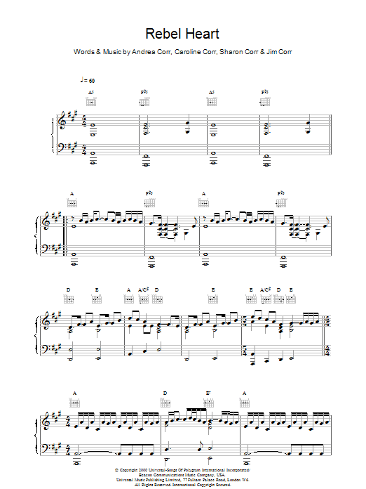 The Corrs Rebel Heart sheet music notes and chords. Download Printable PDF.