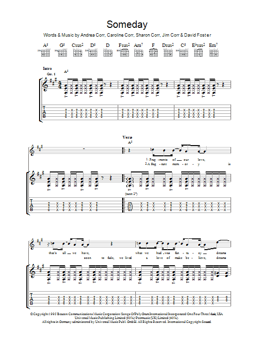 Learn to play The Corrs Someday sheet music for Piano Chords/Lyrics in minutes. Price: 3.9900$ The Corrs Someday sheet music notes and chords arranged for Piano Chords/Lyrics