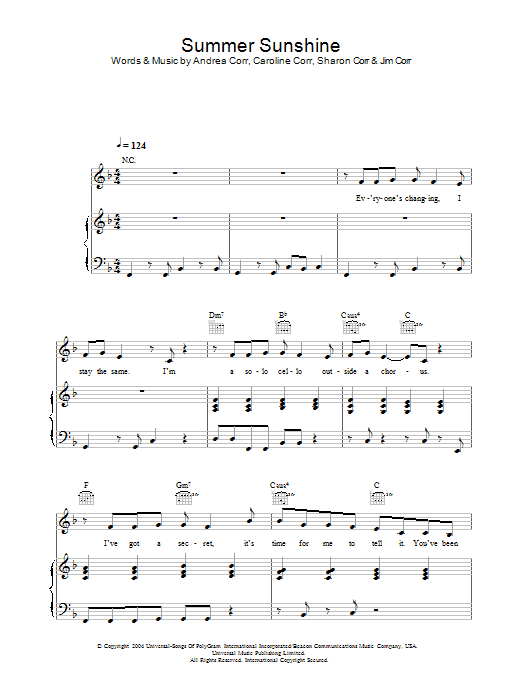The Corrs Summer Sunshine sheet music notes and chords. Download Printable PDF.