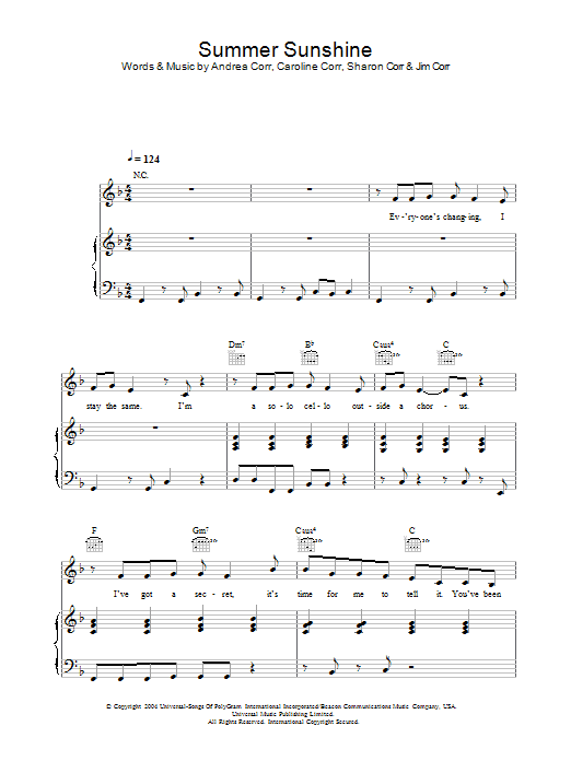 Learn to play The Corrs Summer Sunshine sheet music for Piano, Vocal & Guitar in minutes. Price: 7.8900$ The Corrs Summer Sunshine sheet music notes and chords. Download Printable PDF.