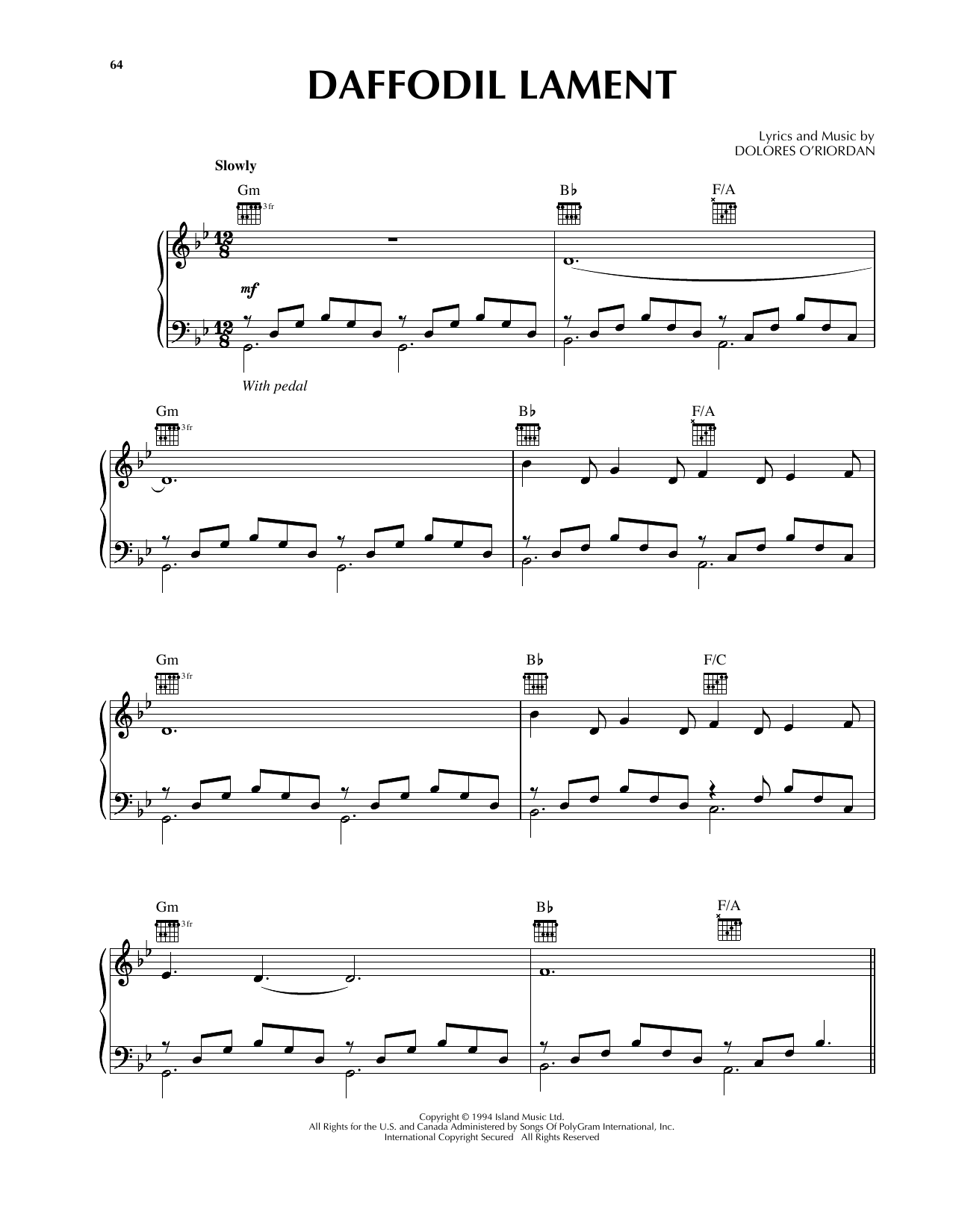 The Cranberries Daffodil Lament sheet music notes and chords. Download Printable PDF.