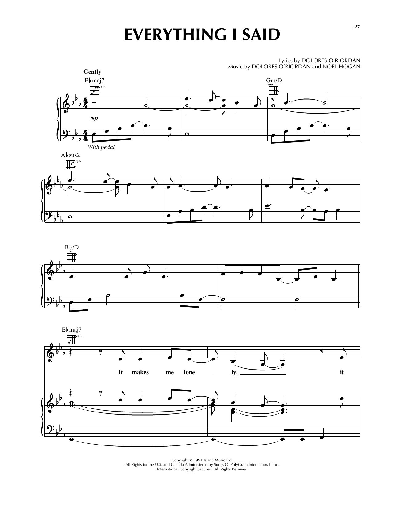 The Cranberries Everything I Said sheet music notes and chords. Download Printable PDF.