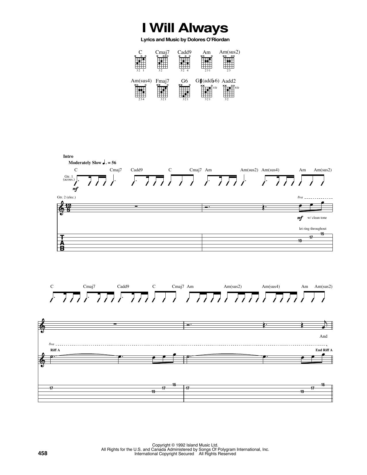 The Cranberries I Will Always sheet music notes and chords. Download Printable PDF.