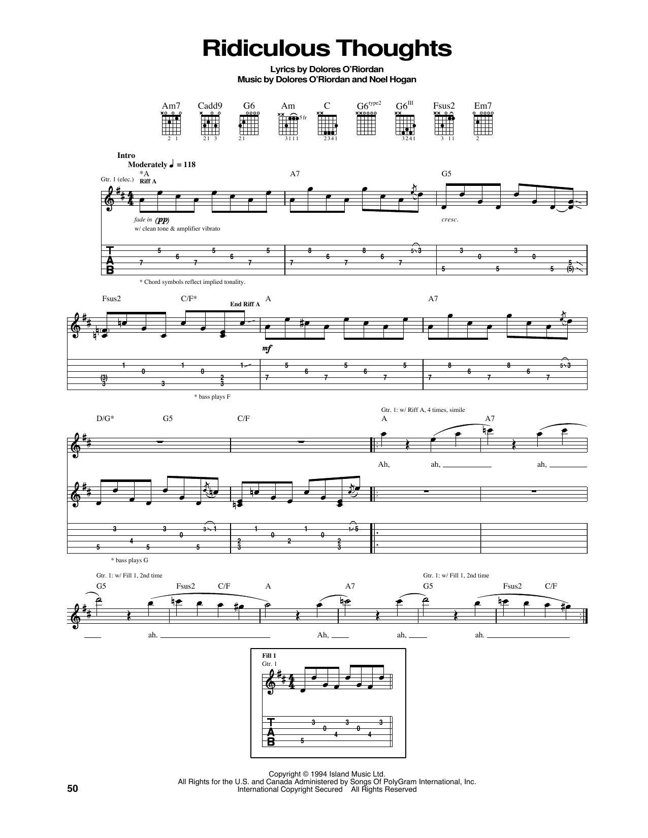 The Cranberries Ridiculous Thoughts sheet music notes and chords. Download Printable PDF.