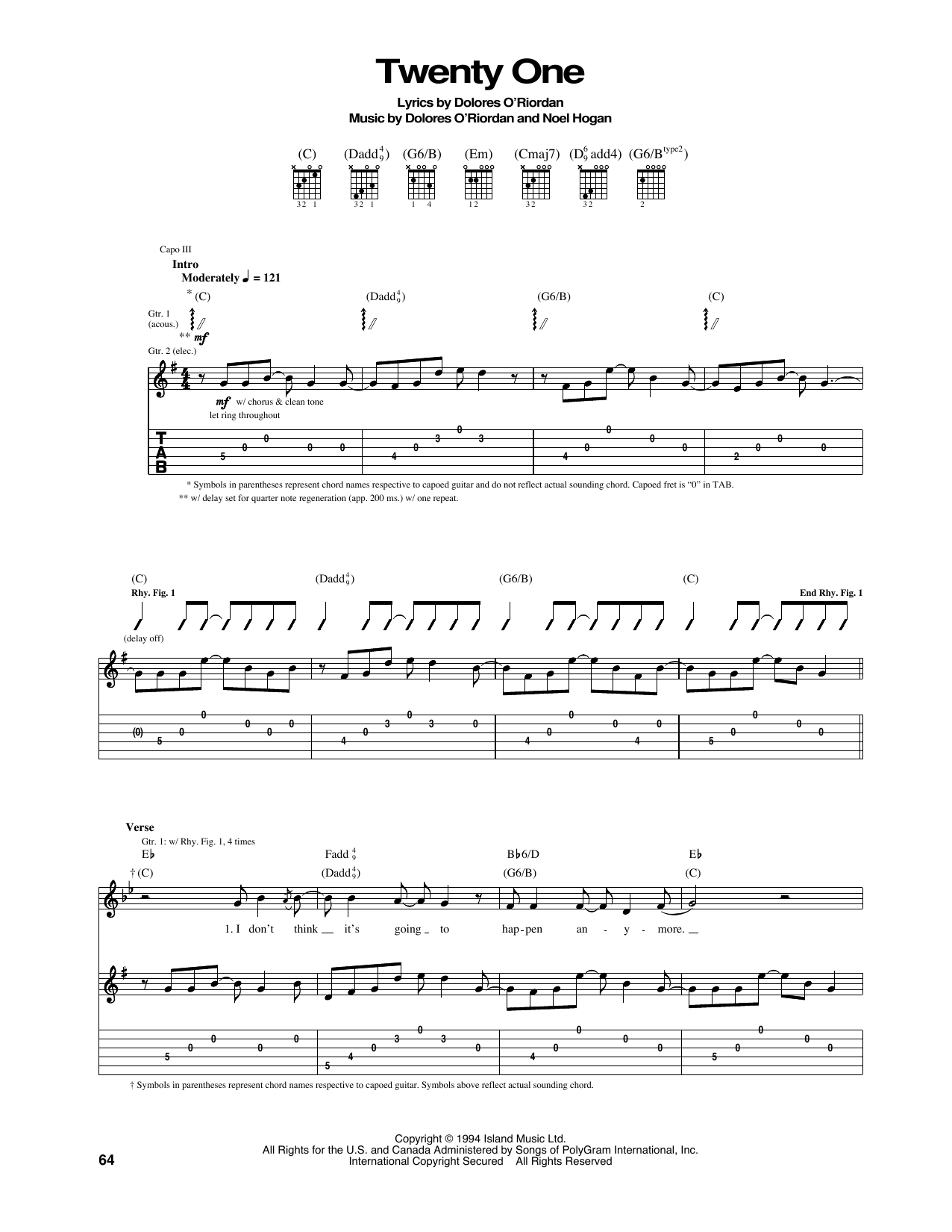 The Cranberries Twenty One sheet music notes and chords. Download Printable PDF.