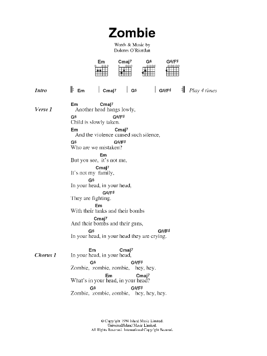 Zombie (The Cranberries) by D. O'Riordan - sheet music on MusicaNeo