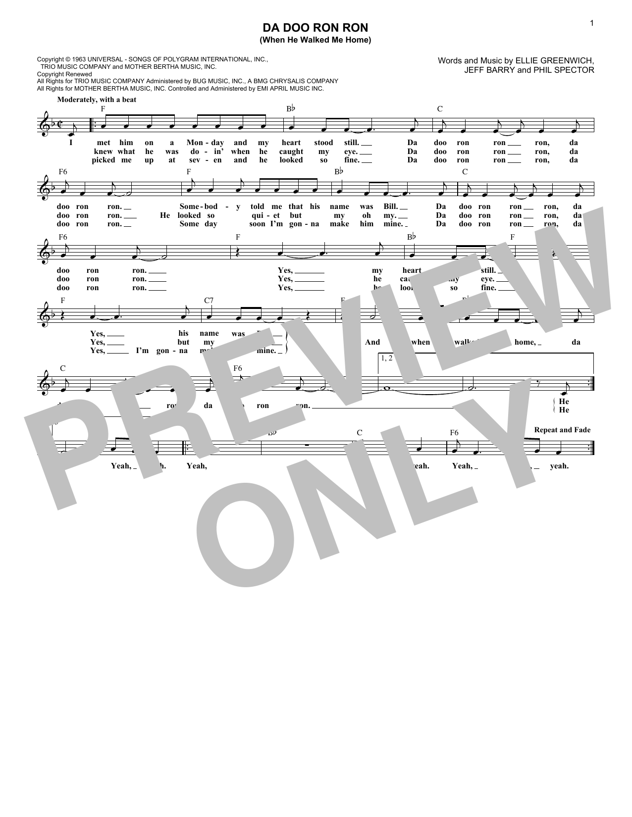 Learn to play The Crystals Da Doo Ron Ron (When He Walked Me Home) sheet music for Lead Sheet / Fake Book in minutes. The Crystals Da Doo Ron Ron (When He Walked Me Home) sheet music notes and chords. Download Printable PDF.