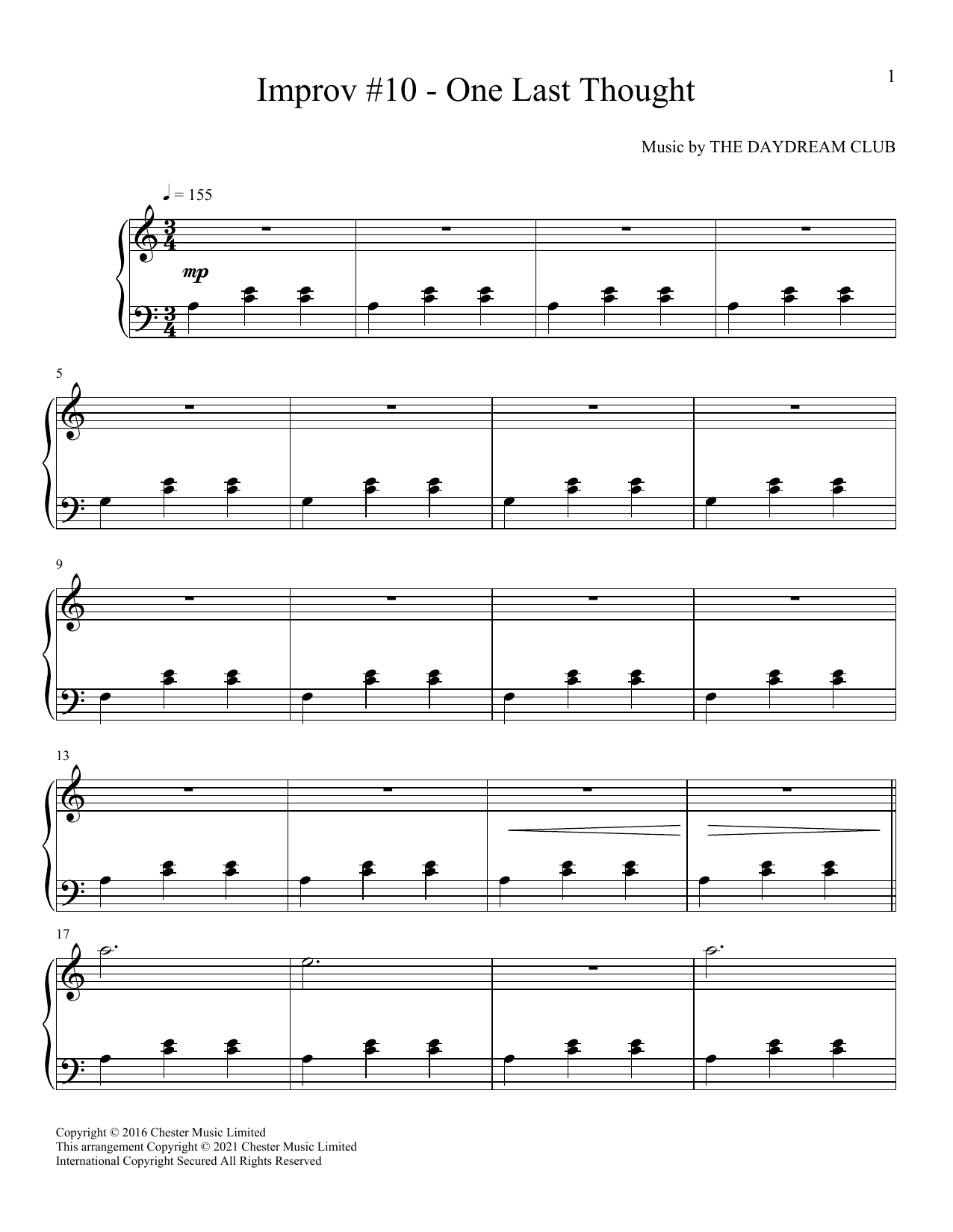 Learn to play The Daydream Club Improv #10 - One Last Thought sheet music for Piano Solo in minutes. Price: 7.8900$ The Daydream Club Improv #10 - One Last Thought sheet music notes and chords arranged for Piano Solo