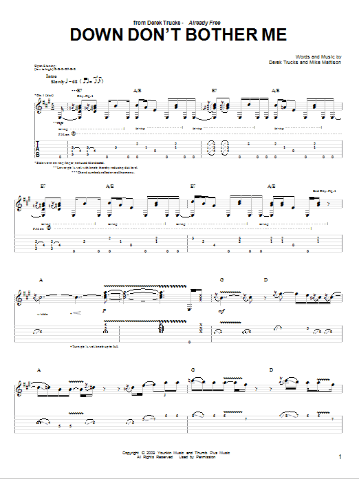 Learn to play The Derek Trucks Band Down Don't Bother Me sheet music for Guitar Tab in minutes. Price: 7.8900$ The Derek Trucks Band Down Don't Bother Me sheet music notes and chords arranged for Guitar Tab