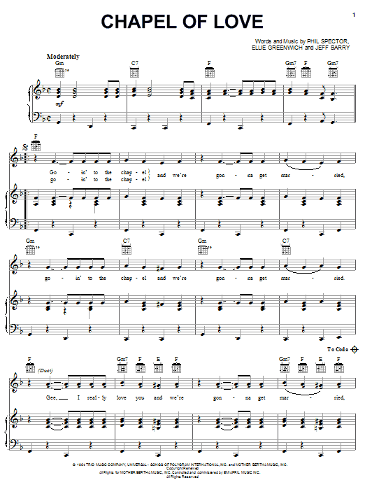 The Dixie Cups Chapel Of Love Sheet Music Pdf Notes Chords Classics Score Piano Vocal Guitar Right Hand Melody Download Printable Sku 63950