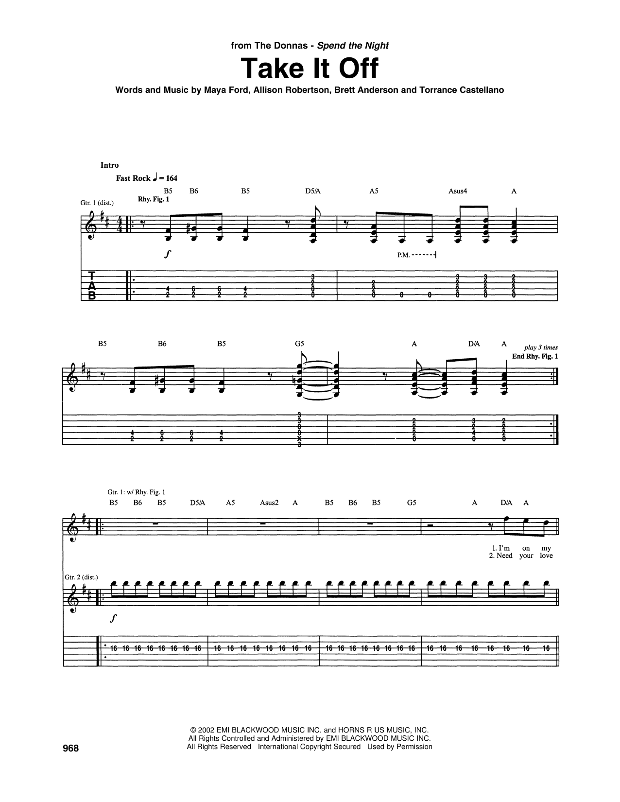 Learn to play The Donnas Take It Off sheet music for Guitar Chords/Lyrics in minutes. Price: 5.8900$ The Donnas Take It Off sheet music notes and chords. Download Printable PDF.