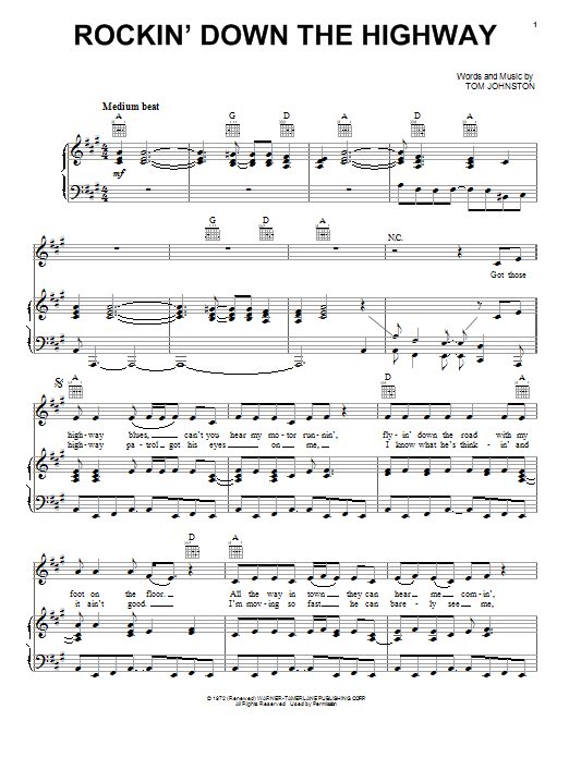 Learn to play The Doobie Brothers Rockin' Down The Highway sheet music for Guitar Tab (Single Guitar) in minutes. The Doobie Brothers Rockin' Down The Highway sheet music notes and chords. Download Printable PDF.
