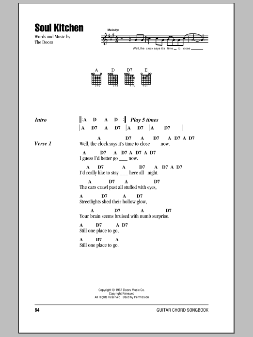 The Doors Soul Kitchen sheet music notes and chords. Download Printable PDF.