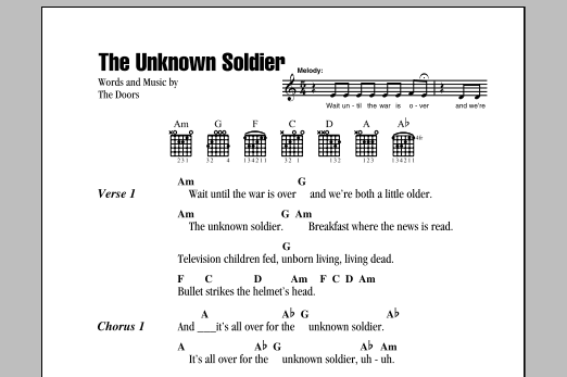 Learn to play The Doors The Unknown Soldier sheet music for Piano, Vocal & Guitar Chords (Right-Hand Melody) in minutes. Price: 6.9900$ The Doors The Unknown Soldier sheet music notes and chords arranged for Piano, Vocal & Guitar Chords (Right-Hand Melody)