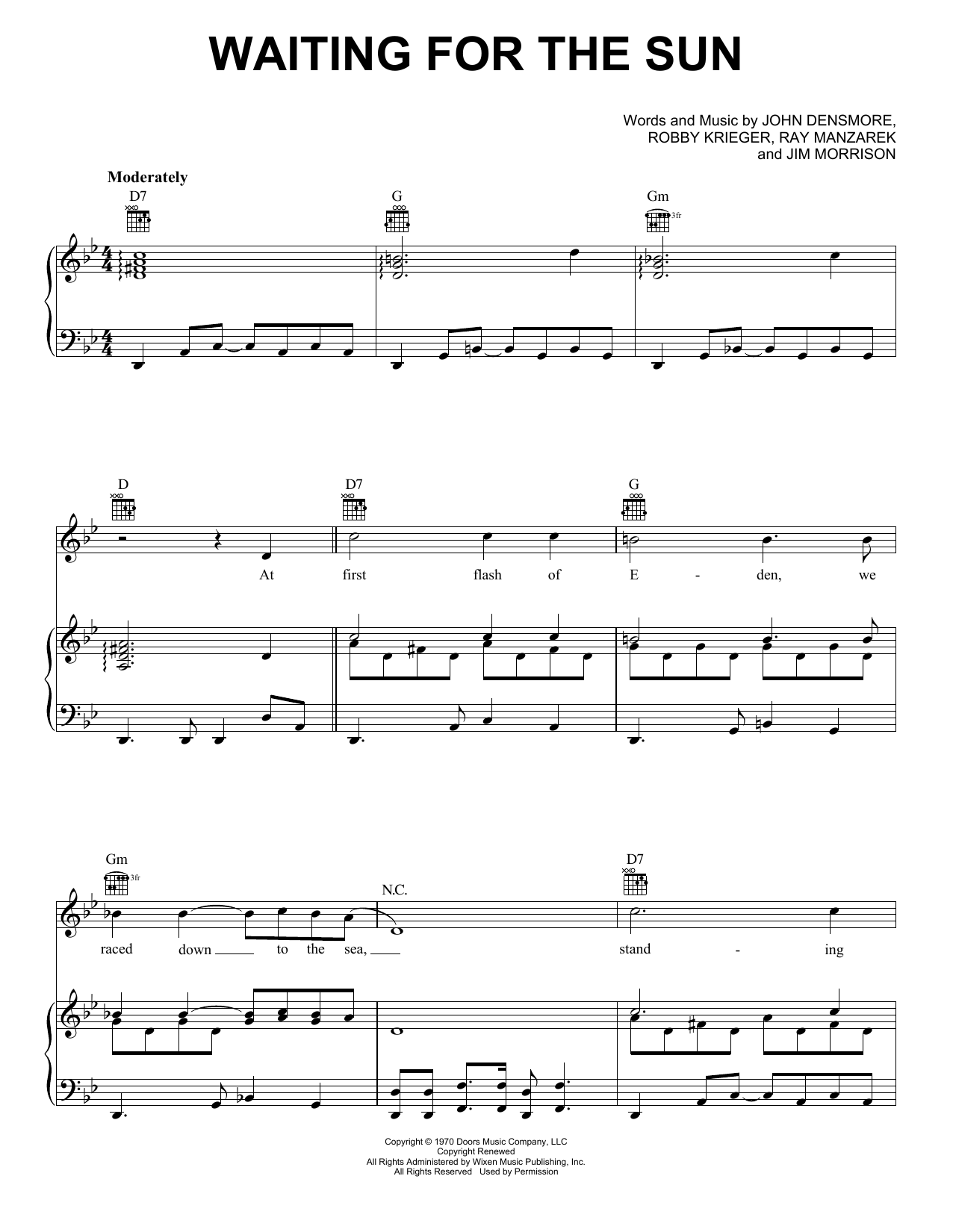 Learn to play The Doors Waiting For The Sun sheet music for Piano, Vocal & Guitar Chords (Right-Hand Melody) in minutes. Price: 6.9900$ The Doors Waiting For The Sun sheet music notes and chords arranged for Piano, Vocal & Guitar Chords (Right-Hand Melody)