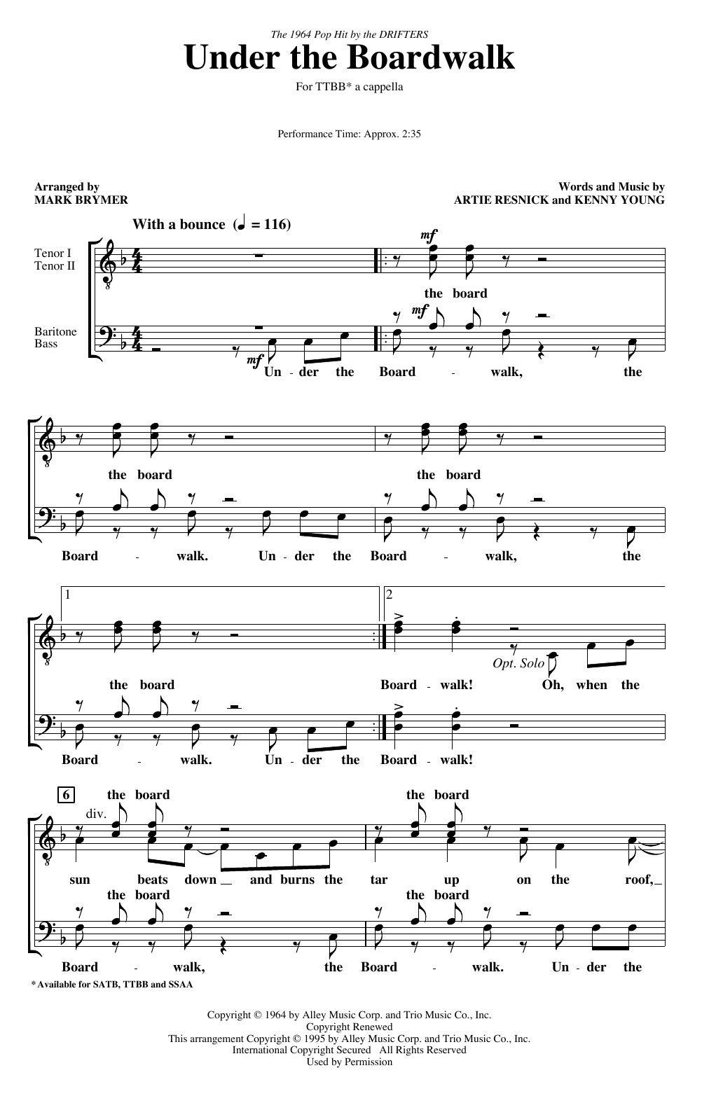 Learn to play The Drifters Under The Boardwalk (arr. Mark Brymer) sheet music for TTBB Choir in minutes. Price: 3.9900$ The Drifters Under The Boardwalk (arr. Mark Brymer) sheet music notes and chords arranged for TTBB Choir
