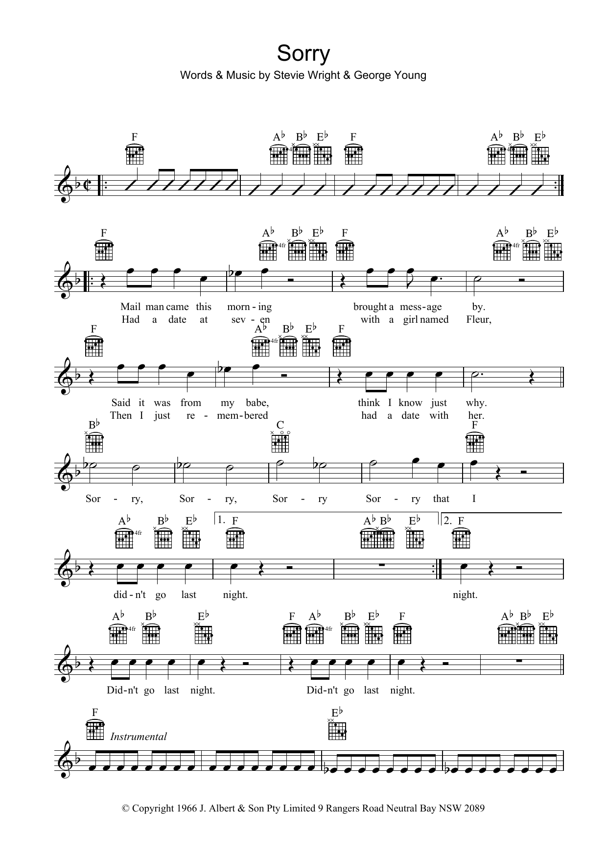 The Easybeats 'Sorry' Sheet Music & Chords | Printable Piano, Vocal ...