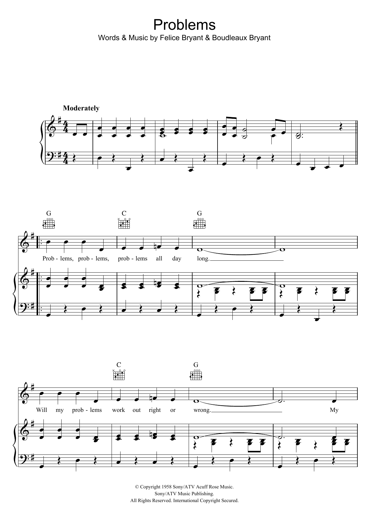 The Everly Brothers Problems sheet music notes and chords. Download Printable PDF.