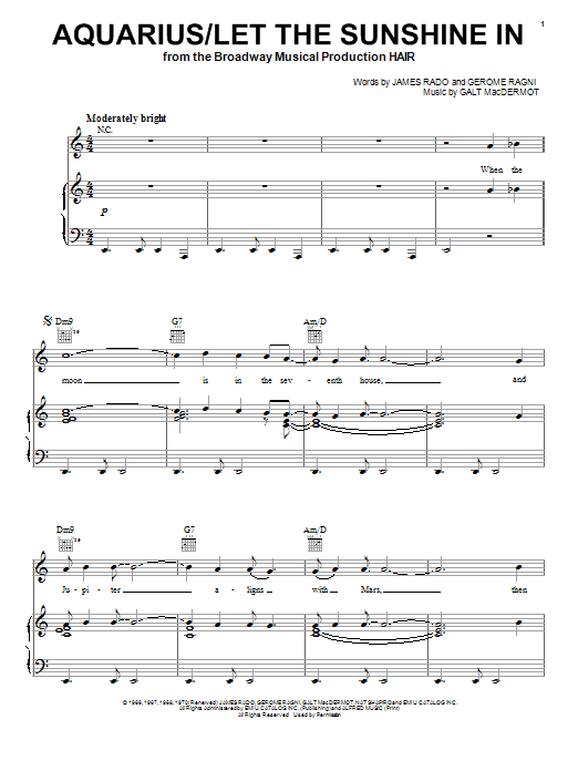 The Fifth Dimension Aquarius/Let The Sunshine In sheet music notes and chords. Download Printable PDF.
