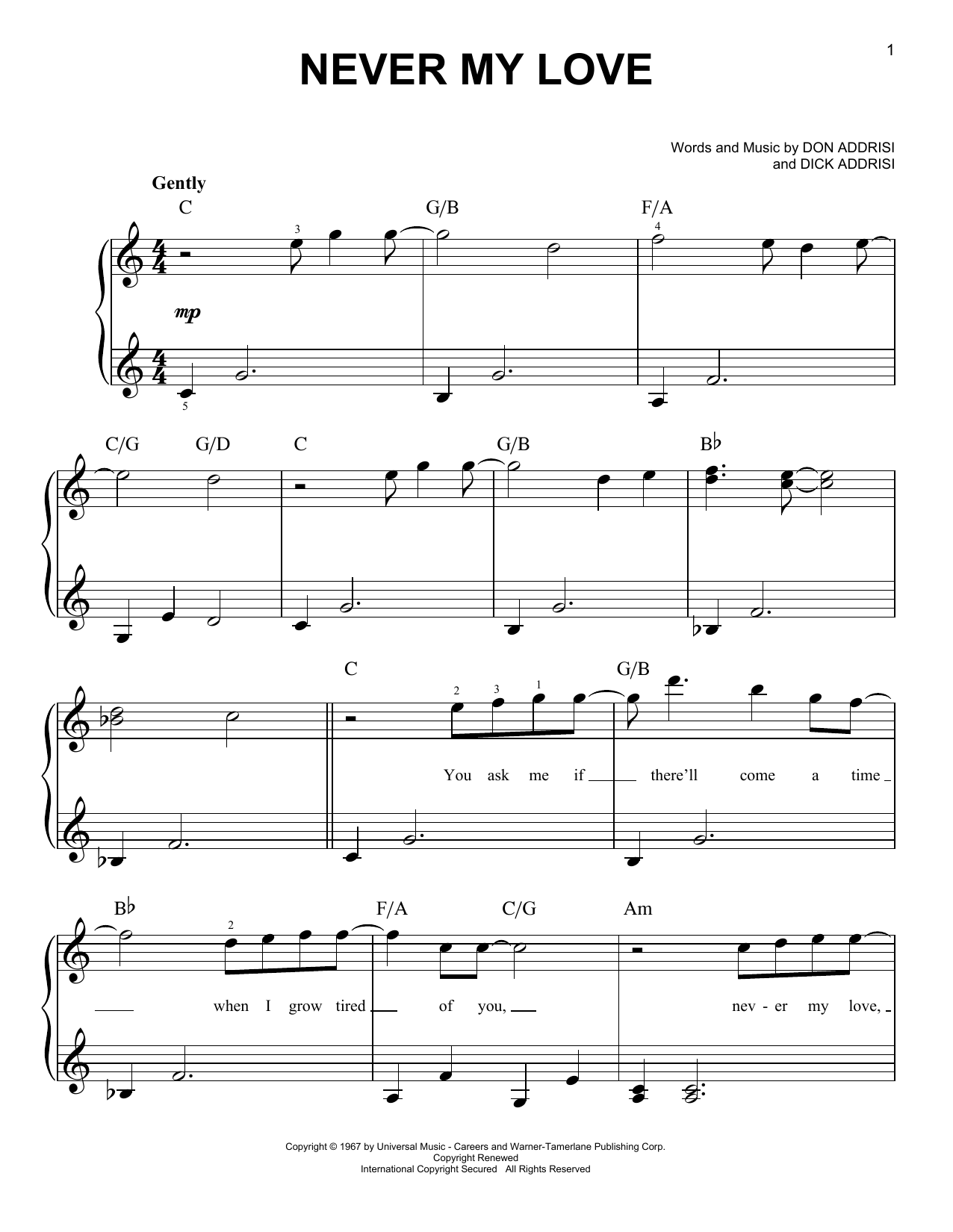 The Fifth Dimension Never My Love sheet music notes and chords. Download Printable PDF.