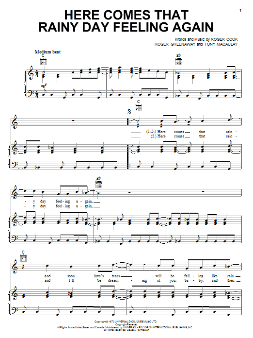 Learn to play The Fortunes Here Comes That Rainy Day Feeling Again sheet music for Piano, Vocal & Guitar (Right-Hand Melody) in minutes. The Fortunes Here Comes That Rainy Day Feeling Again sheet music notes and chords. Download Printable PDF.