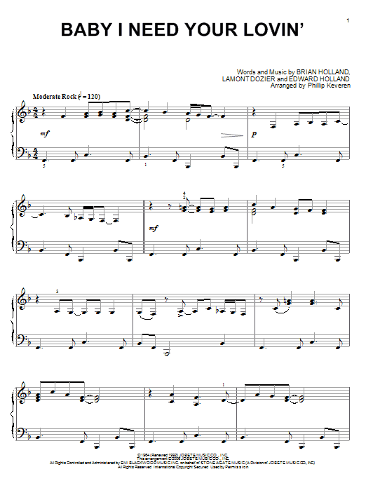 The Four Tops Baby I Need Your Lovin' sheet music notes and chords. Download Printable PDF.