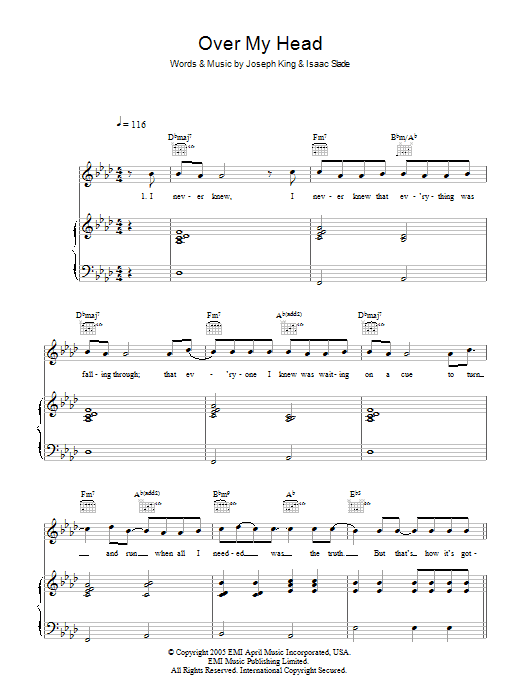 The Fray Over My Head (Cable Car) sheet music notes and chords. Download Printable PDF.