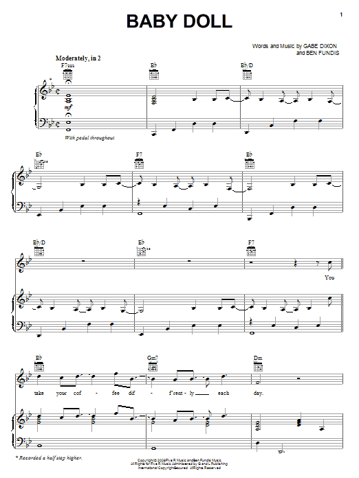 Learn to play The Gabe Dixon Band Baby Doll sheet music for Piano, Vocal & Guitar (Right-Hand Melody) in minutes. The Gabe Dixon Band Baby Doll sheet music notes and chords. Download Printable PDF.