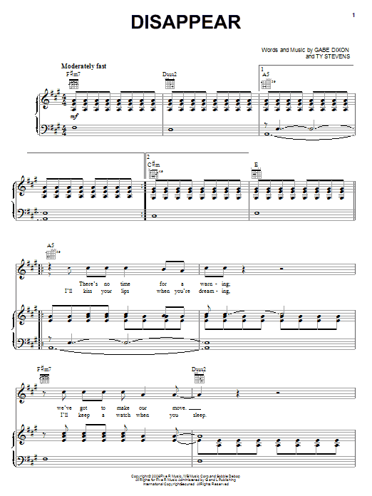 The Gabe Dixon Band Disappear sheet music notes and chords. Download Printable PDF.