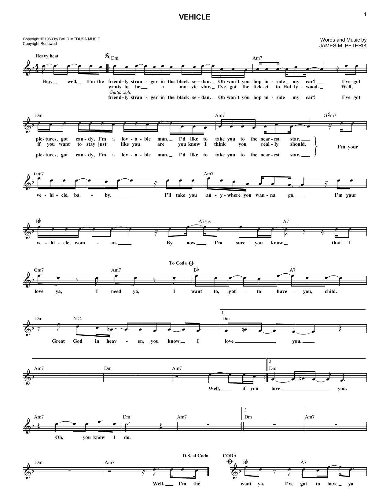 The Ides Of March "Vehicle" Sheet Music PDF Notes, Chords | Pop Score